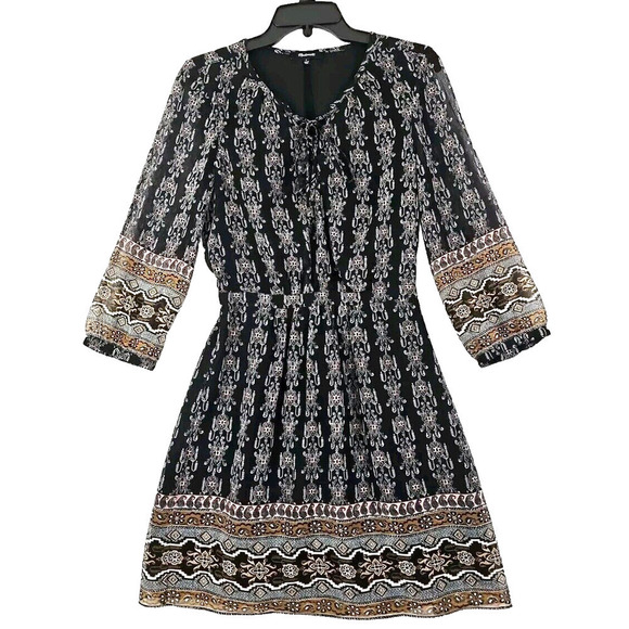 Madewell ~Size 0~Black Damask Print Allover Cinched Waist Mini Dress Long Sleeve - Picture 1 of 9